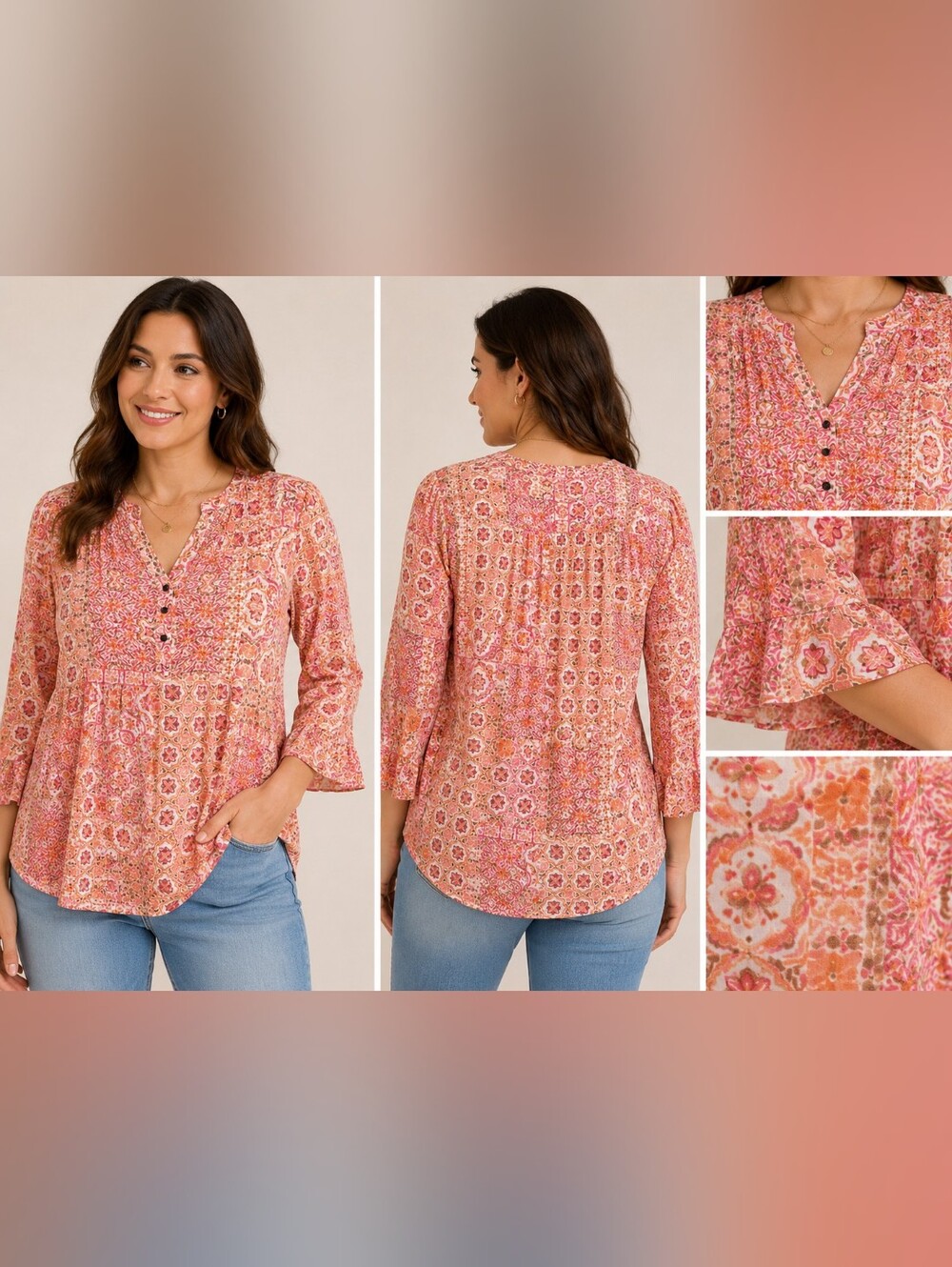 🌸🧡 Kate Park Boho Patchwork Print Tunic Blouse Size L